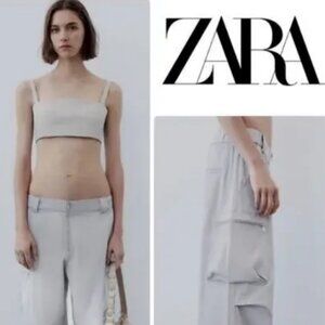 NWT Zara Satin Effect Silver Cargo Toggle Pants with Zippers Size M #1753